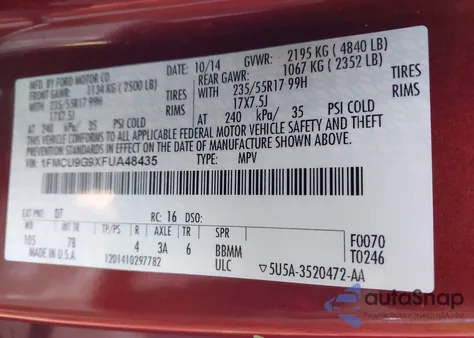 2015 Ford Escape Se from USA, damaged, VIN 1FMCU9G9XFUA48435